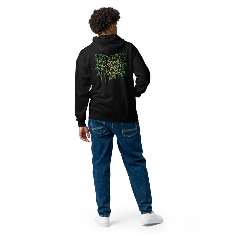 Man wearing a black zipper hoodie with the Gren outlined Pound of Flesh Togo on the back.